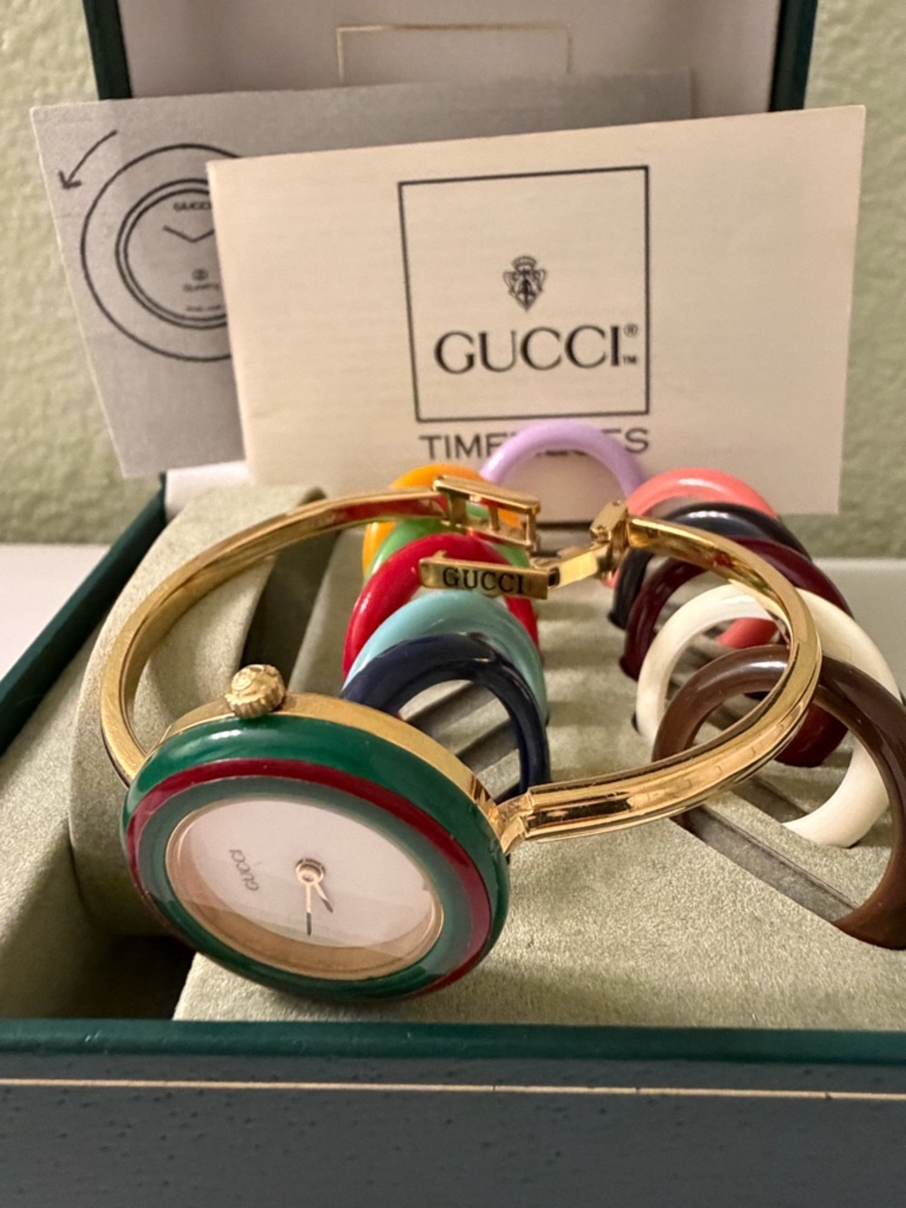 ~Vintage~Auth GUCCI Interchangeable Bezel Bracelet Bangle Watch~Box & Papers